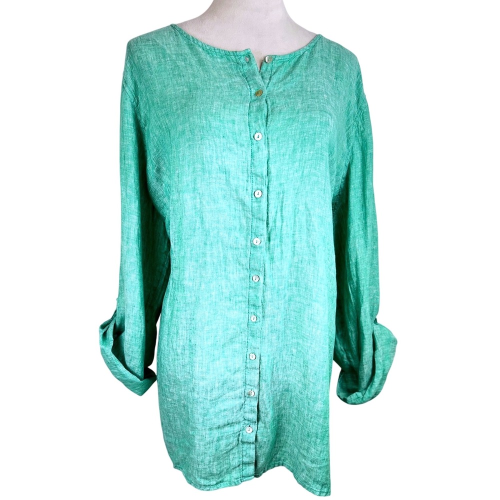 Tahari Linen Button Down Tunic Green Roll Tab Sleeve Women's Size 3X